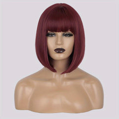 35 56 Cm Short Straight Bob Cut Wig With Bangs Synthetic Fiber Natural Look