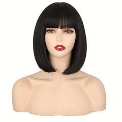 35 56 Cm Short Straight Bob Cut Wig With Bangs Synthetic Fiber Natural Look