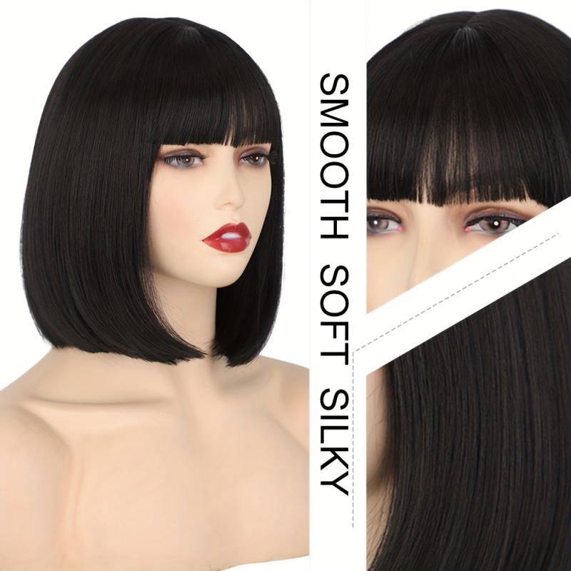 35 56 Cm Short Straight Bob Cut Wig With Bangs Synthetic Fiber Natural Look