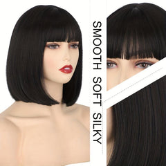 35 56 Cm Short Straight Bob Cut Wig With Bangs Synthetic Fiber Natural Look