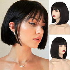 35 56 Cm Short Straight Bob Cut Wig With Bangs Synthetic Fiber Natural Look