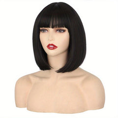 35 56 Cm Short Straight Bob Cut Wig With Bangs Synthetic Fiber Natural Look