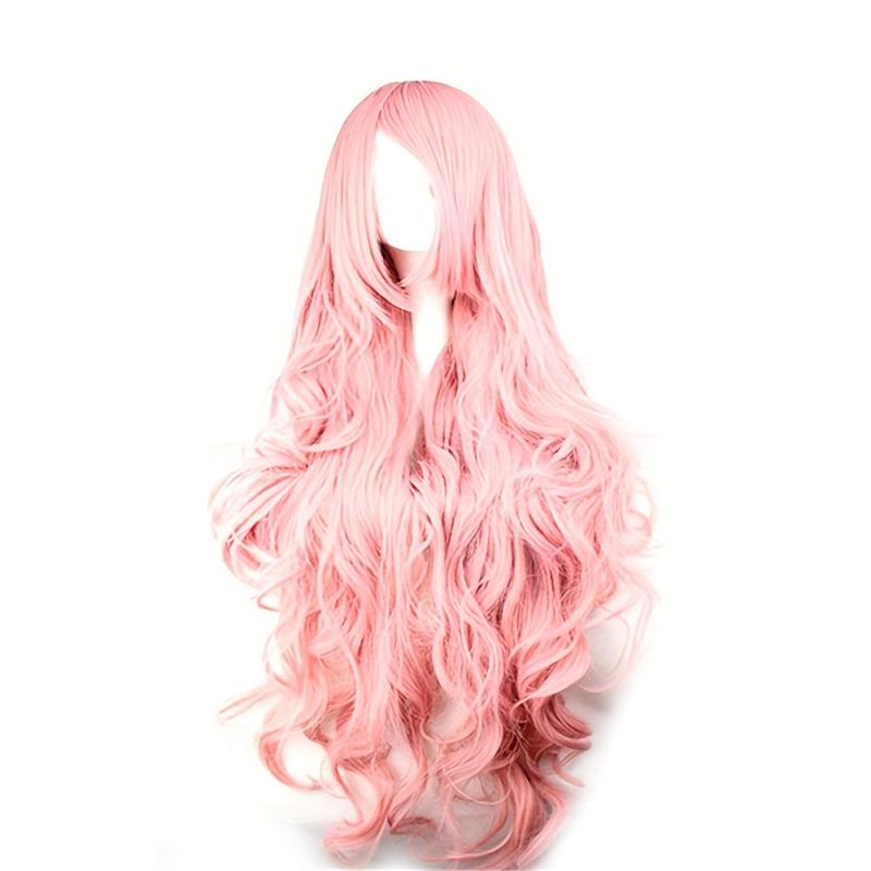 Pink Wavy Synthetic Wig With Bangs Cosplay Wigs For Women Halloween Party