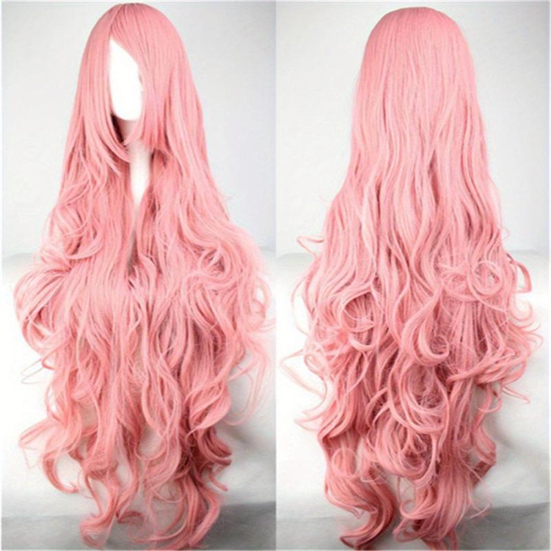 Pink Wavy Synthetic Wig With Bangs Cosplay Wigs For Women Halloween Party