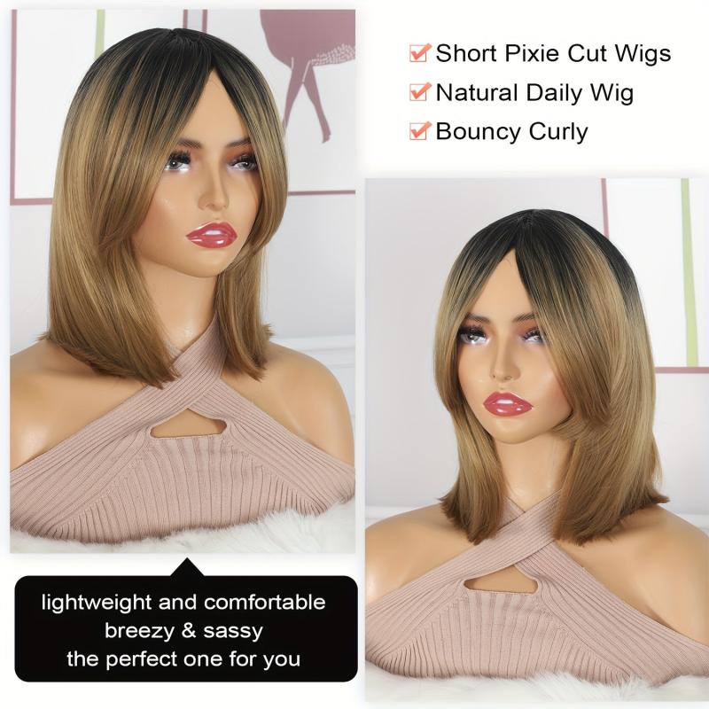 Ombre Bob Short Wig Straight Layered Hair Wig for Women Synthetic Fiber Hair Wig