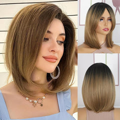 Ombre Bob Short Wig Straight Layered Hair Wig for Women Synthetic Fiber Hair Wig