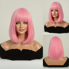 Short Pale Pink Bob Wig with Bangs for Women