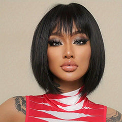 Short Straight Bob Wig with Bangs Natural Synthetic Heat Resistant Fiber