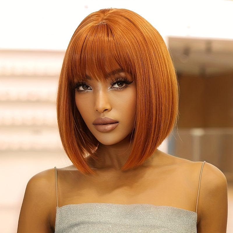 Short Straight Bob Wig with Bangs Natural Synthetic Heat Resistant Fiber