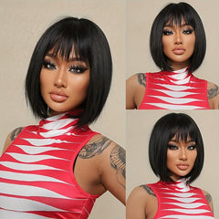 Short Straight Bob Wig with Bangs Natural Synthetic Heat Resistant Fiber