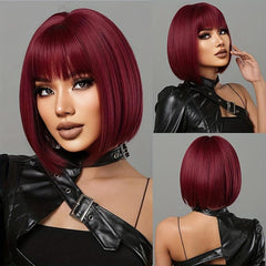 Short Straight Bob Wig with Bangs Natural Synthetic Heat Resistant Fiber