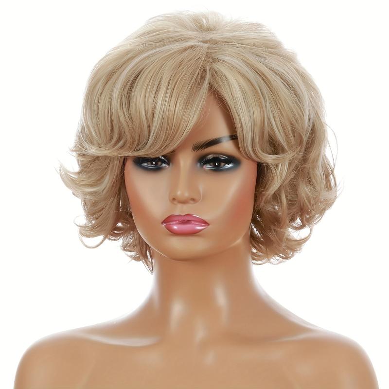 Short Curly Wig with Slanted Bangs - Heat Resistant Wavy Cosplay Wig