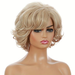 Short Curly Wig with Slanted Bangs - Heat Resistant Wavy Cosplay Wig
