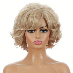 Short Curly Wig with Slanted Bangs - Heat Resistant Wavy Cosplay Wig