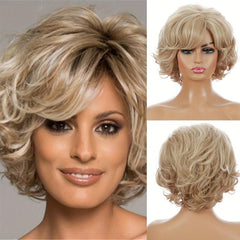 Short Curly Wig with Slanted Bangs - Heat Resistant Wavy Cosplay Wig