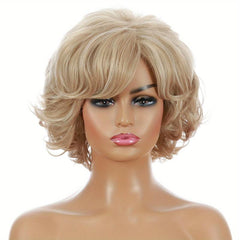 Short Curly Wig with Slanted Bangs - Heat Resistant Wavy Cosplay Wig