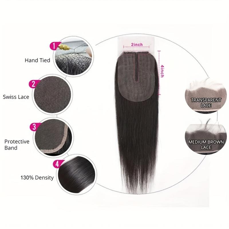 Transparent 2 4 Lace Closure 100% Human Hair T Part Pre Plucked Natural Hairline