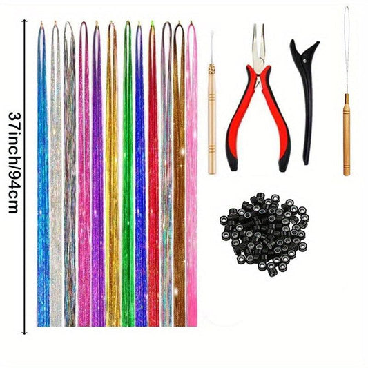 38 Cm Tinsel Hair Extension Kit - 2400 Strands - 12 Mixed Colors