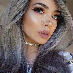 Light Purple Long Hair Big Waves Straight Hair Creamy Gray Wig