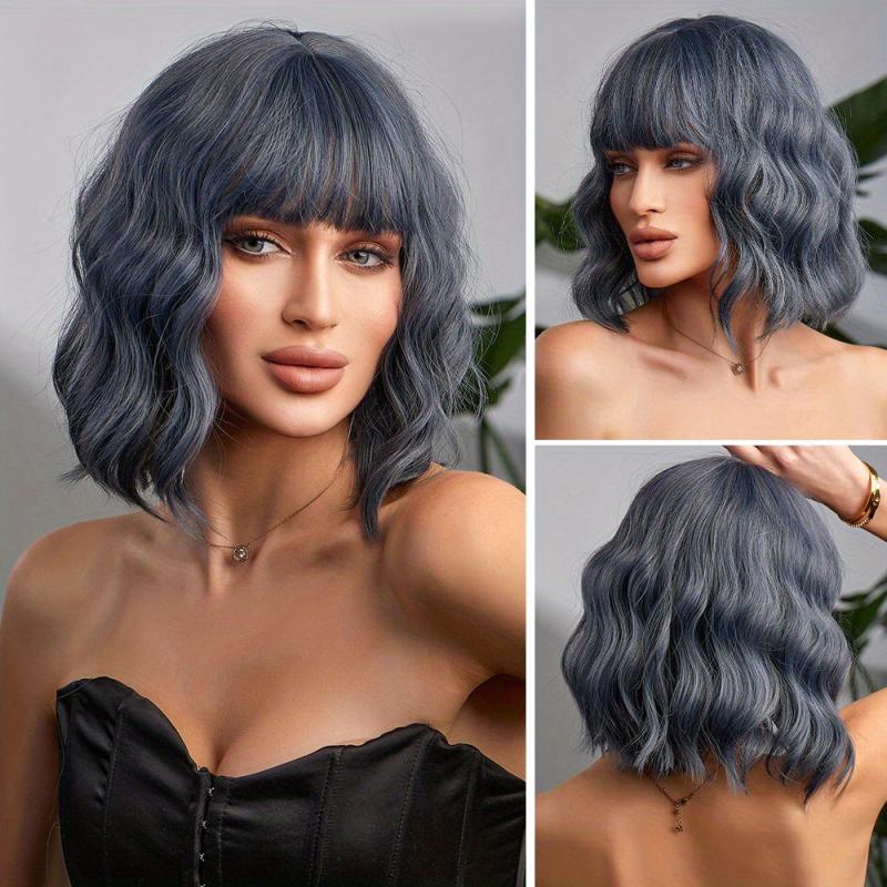 Short Wavy Curly Hair Wigs With Bangs Bob Synthetic Hair Wigs