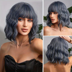 Short Wavy Curly Hair Wigs With Bangs Bob Synthetic Hair Wigs
