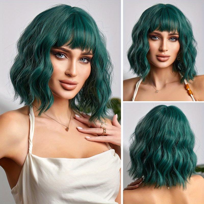 Short Wavy Curly Hair Wigs With Bangs Bob Synthetic Hair Wigs