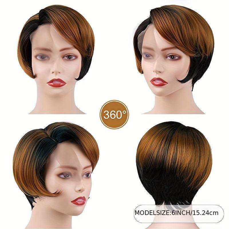 Pixie Cut Short Bob Wig Side Part Dark Root Brown 15 Burgundy