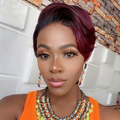 Pixie Cut Short Bob Wig Side Part Dark Root Brown 15 Burgundy
