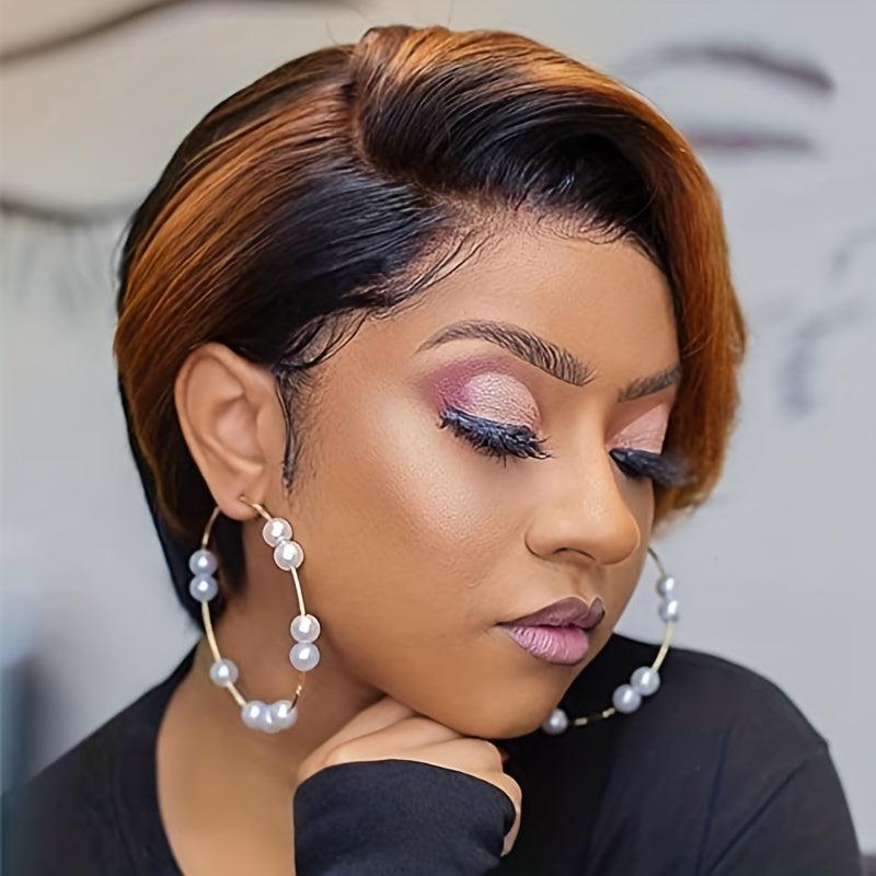 Pixie Cut Short Bob Wig Side Part Dark Root Brown 15 Burgundy