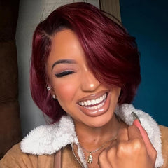 Pixie Cut Short Bob Wig Side Part Dark Root Brown 15 Burgundy