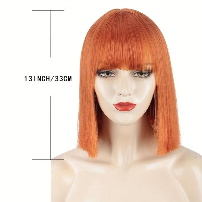 Short Straight Orange Synthetic Bob Wig for Women with Bangs