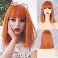 Short Straight Orange Synthetic Bob Wig for Women with Bangs