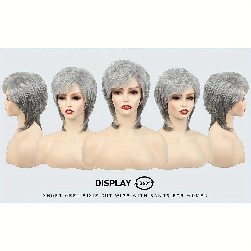 Short Grey Pixie Wig for Women Silver Grey Hair Replacement Cosplay Party Wig