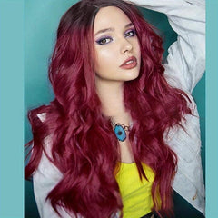 66 cm Burgundy Wavy Wig Long Body Wavy Hair Natural Synthetic Full Wig
