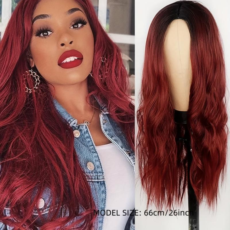 66 cm Burgundy Wavy Wig Long Body Wavy Hair Natural Synthetic Full Wig
