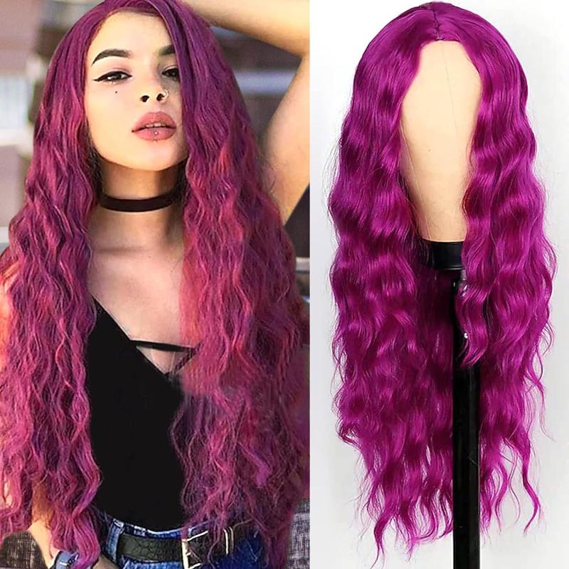 66 cm Burgundy Wavy Wig Long Body Wavy Hair Natural Synthetic Full Wig