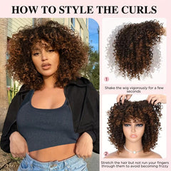 Short Kinky Curly Wig Ombre Brown Afro Wig