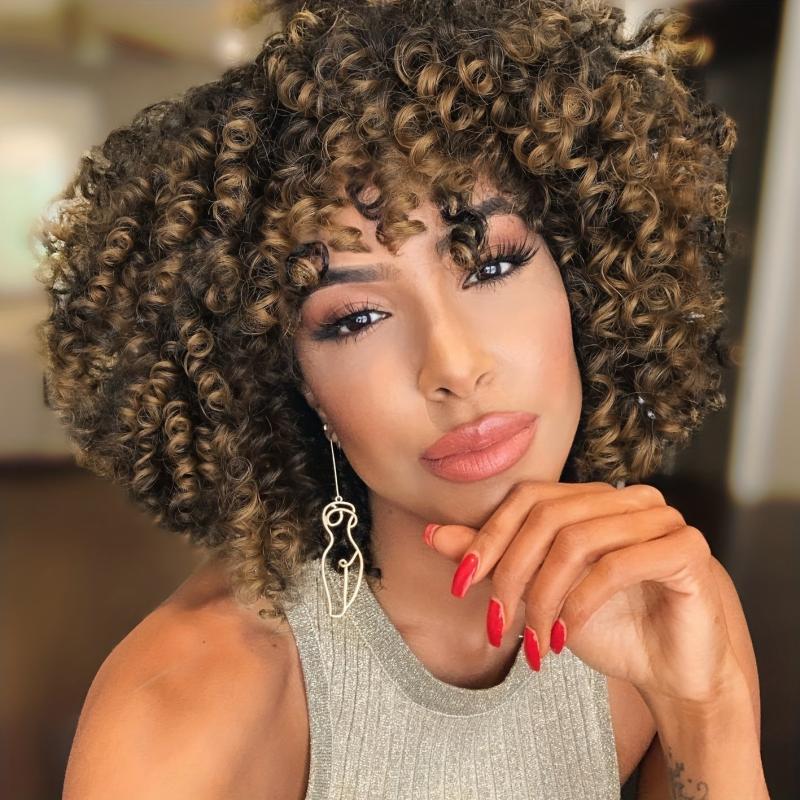 Short Kinky Curly Wig Ombre Brown Afro Wig