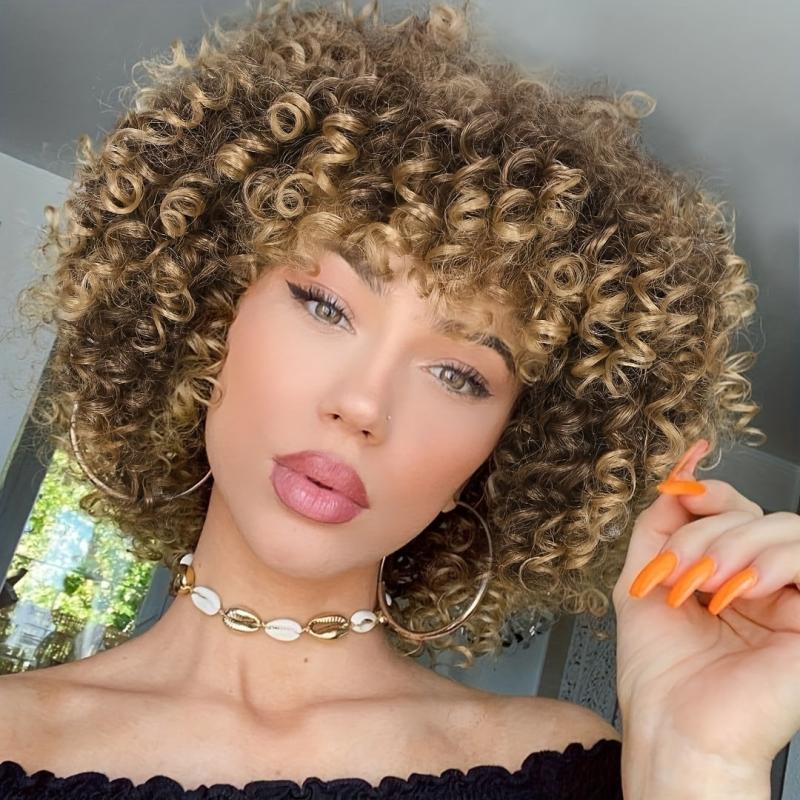 Short Kinky Curly Wig Ombre Brown Afro Wig