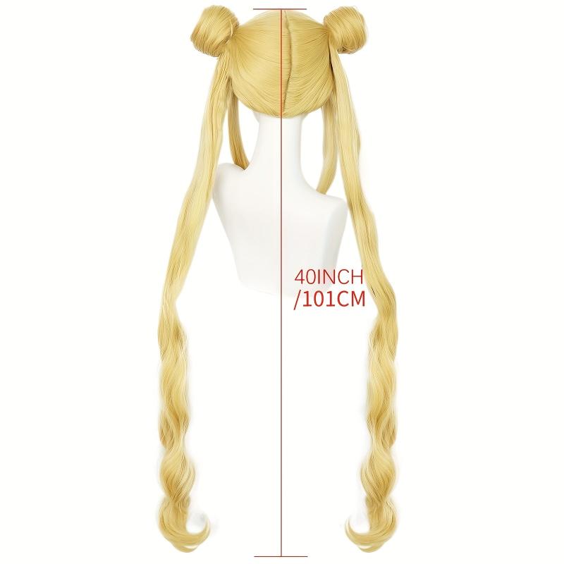 Long Curly Golden Ponytails Wig With Buns For Cosplay Anime Blonde Pigtails Wig