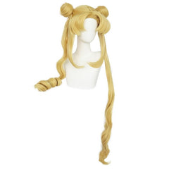 Long Curly Golden Ponytails Wig With Buns For Cosplay Anime Blonde Pigtails Wig