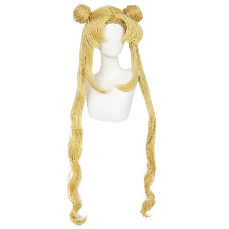 Long Curly Golden Ponytails Wig With Buns For Cosplay Anime Blonde Pigtails Wig