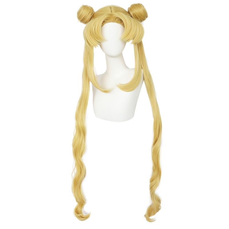 Long Curly Golden Ponytails Wig With Buns For Cosplay Anime Blonde Pigtails Wig