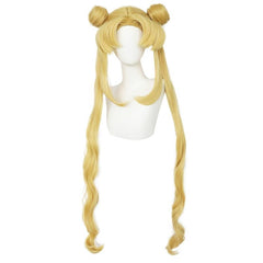 Long Curly Golden Ponytails Wig With Buns For Cosplay Anime Blonde Pigtails Wig