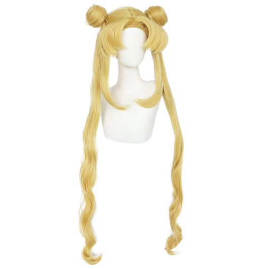 Long Curly Golden Ponytails Wig With Buns For Cosplay Anime Blonde Pigtails Wig