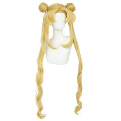 Long Curly Golden Ponytails Wig With Buns For Cosplay Anime Blonde Pigtails Wig
