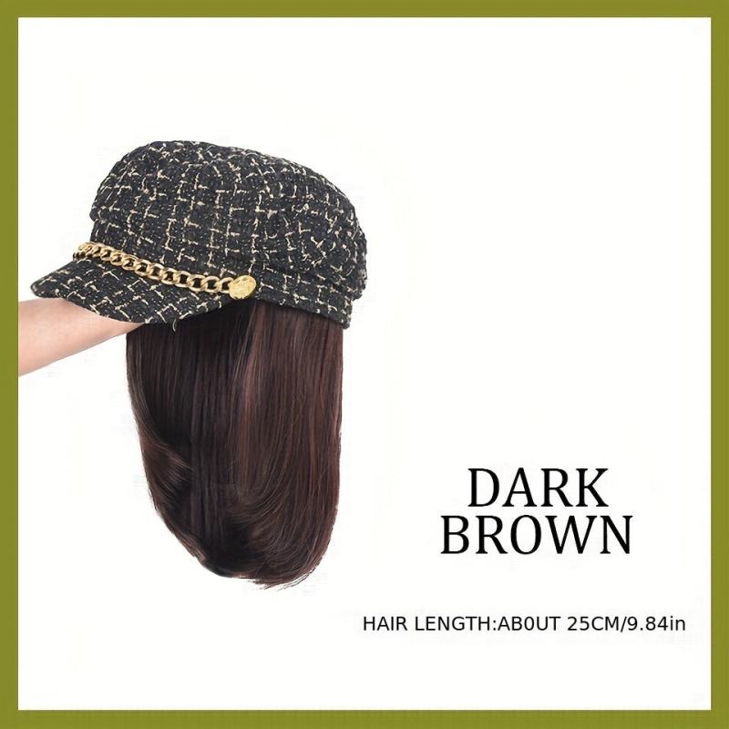 Women's Shoulder Length Straight Hair Beret Hat Wig 25.4cm Synthetic Full Wig