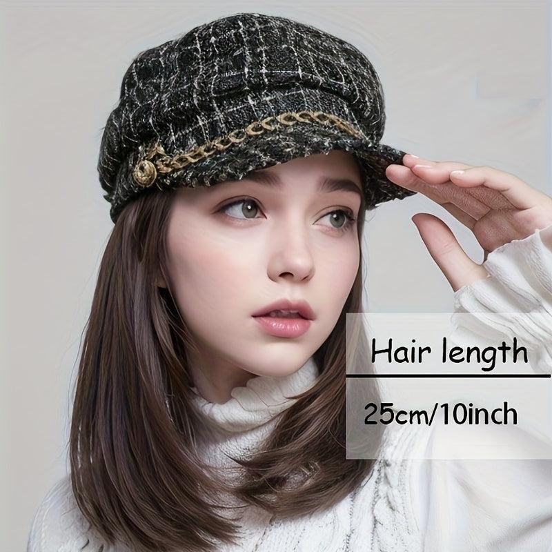Women's Shoulder Length Straight Hair Beret Hat Wig 25.4cm Synthetic Full Wig