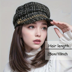 Women's Shoulder Length Straight Hair Beret Hat Wig 25.4cm Synthetic Full Wig