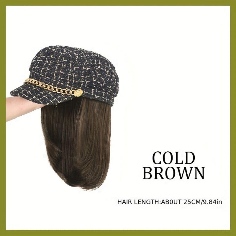 Women's Shoulder Length Straight Hair Beret Hat Wig 25.4cm Synthetic Full Wig